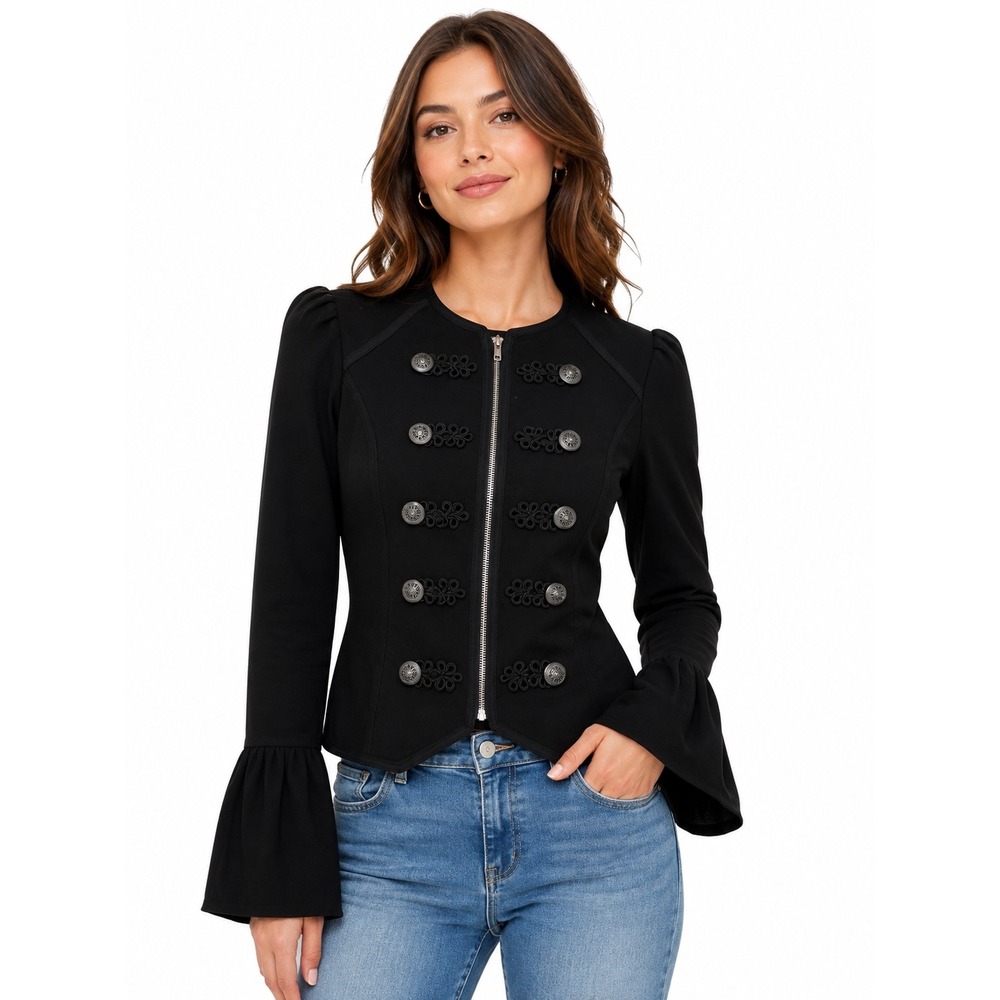 Black Military Band Jacket Cropped Bell Sleeve Soutache Braid Full Zip Large